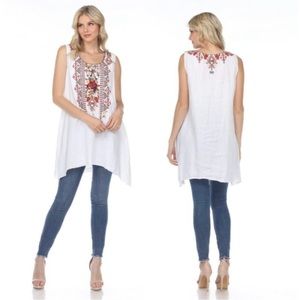 Johnny Was Floral Geometric Embroidered White Linen Sleeveless Tunic